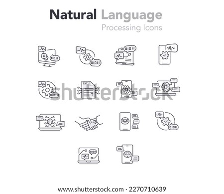 Icons for Natural language processing, NLP, AI language, Text analysis, and Computational linguistics. Gray modern style vector line icons with editable strokes.