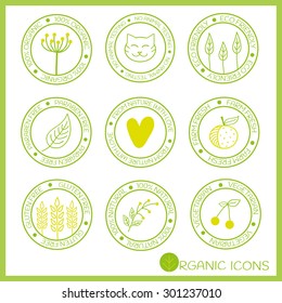 Icons for natural and organic products in doodle style.