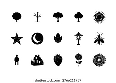 Icons of nature elements, celestial bodies, man-made objects, and insects.