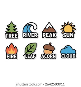 Icons of nature elements including tree river peak sun and more