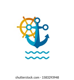 Icons with a nautical theme on a white background in a flat style with elements of an anchor and sea wheel.