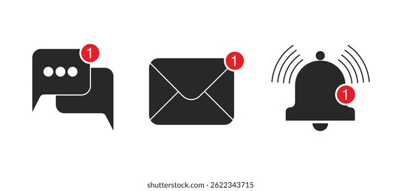 Icons for new chat (speech bubbles), email (envelope), and notification (bell with sound waves), each showing a red "1" indicating a new item.