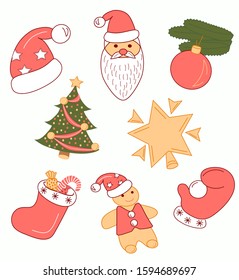 Icons for the New Year, the main color is red. Contains 8 objects: a Christmas cap,Santa Claus, a Christmas tree branch with a toy, a dressed-up tree, a star,a gingerbread,a sock with gifts,a mittens.