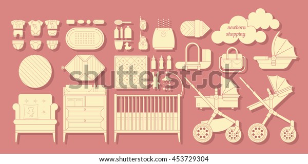 Icons newborn products. Cribs, baby stroller,\
children clothing, toys and other baby stuff for a newborn. Vector\
baby gear icon set in flat\
style.
