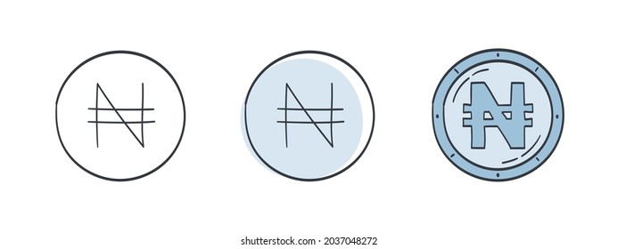 Icons of the Nigerian naira. Painted symbol of the naira. Signs of the currencies of the world. Vector illustration