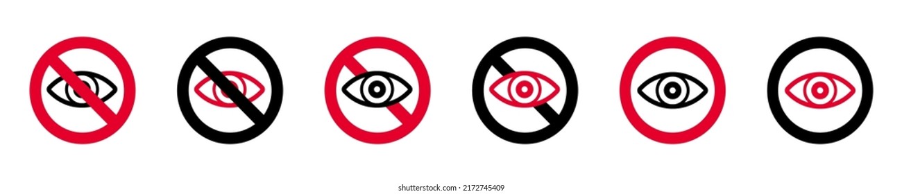  Icons and no watching illustration sign. Eye symbols as show, hide, visible, invisible, public, private icons. Do not spy icon. eps10