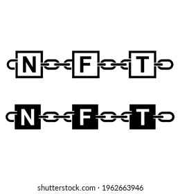 Icons of non-fungible tokens. Blockchain records with NFT signs connected with chain links. Vector Illustration