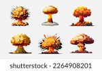 Icons of nuclear  bomb explosion. Bomb explosion, fire bang in cartoon style. Comics boom effect with smoke, flame and particles. Nuclear mushroom fireball illustration.