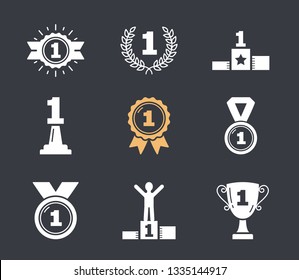 Icons with number one, first place icons, champion, winner, leader, success, vector eps10 illustration