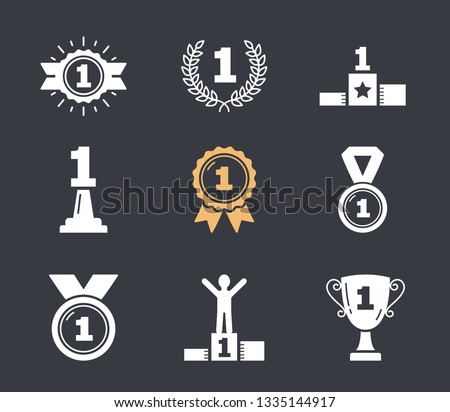 Icons with number one, first place icons, champion, winner, leader, success, vector eps10 illustration