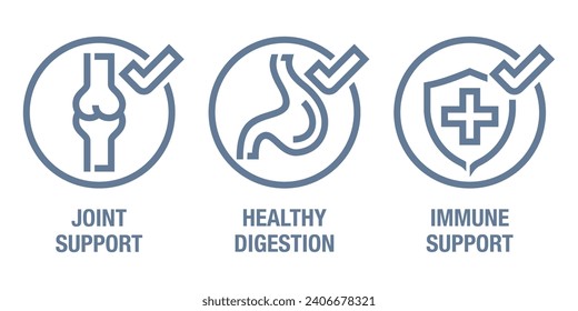 Iconos para el suplemento nutritivo en línea en negrita - Digestión saludable, apoyo conjunto y apoyo inmunitario