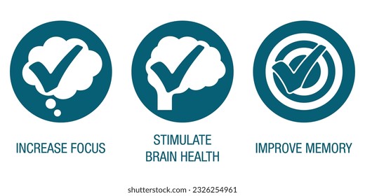 Icons für Nährstoffergänzungen - Erhöhen Sie den Fokus, stimulieren Sie die Gesundheit des Gehirns, verbessern Sie das Gedächtnis. Piktogramme mit flachen Formen