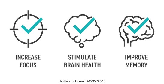 Icons for Nutrient Supplement - Increase Focus, Stimulate Brain Health, Improve Memory. Flat pictograms set in bold line