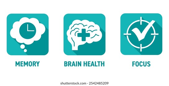 Icons für Nährstoffergänzung - Fokus erhöhen, Gehirngesundheit stimulieren, Speicher verbessern. Flache Piktogramme in quadratischer Form mit langen Schatten