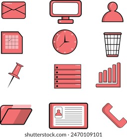 Icons of objects in the office with pink color. Include Message, people icon, time, date and more