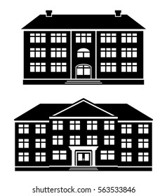 Icons office buildings, school, apartment house, condominium in flat style. Schoolhouses silhouettes on white background. Vector illustration.