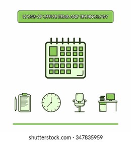 Icons of office items and technology
