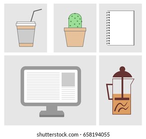 Icons of office set items: a cup of coffee, cactus, notebook, computer monitor and a teapot. Grey background. Vector illustration.