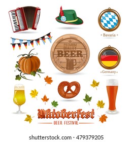 Icons for Oktoberfest. Autumn motives. Beer festival. Set of colored vector icons isolated on white background