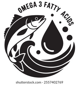  Icons of Omega 3 Fatty Acids. Black and White Vector Icons. Sea Fish and Drop of Oil. Label for Packaging of Medicines and Food Products