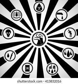 Icons on a background of black and white sun rays retro show the nature of the problem of pollution, the greenhouse effect and related problems in people.