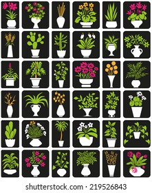  icons on black background theme houseplants and flowers