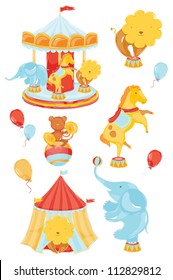 icons on a circus theme with a lion, elephant, monkey, horse, carousel children's positive joyful