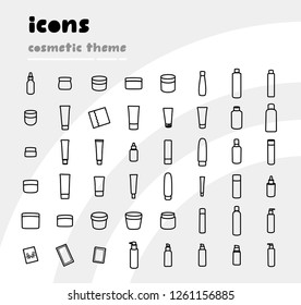 Icons on cosmetic theme. Cosmetic jars, bottles and sheet masks. Vector line icons.