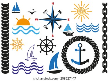 icons on marine theme with anchor, sea and sun