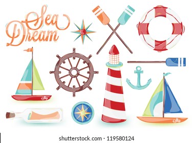 Icons on the marine theme with a lighthouse, ship, sailboat, anchor, wheel and bottle with a message