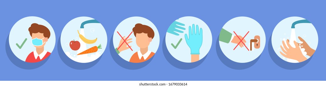 Icons On A Medical Theme In Vector. Infographics On The Topic Of Hygiene And Protection. Washing Vegetables. Keeping Your Hands Clean. Do Not Touch The Face. Use A Mask. Illustrations Of Coronovirus. 