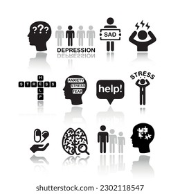 icons on mental disorders, stress, depression, and mental health. Black and white vector drawing