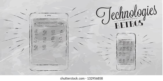 Icons on modern technology mobile tablet device in vintage style drawing with coal on grey background.