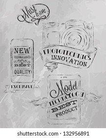 Icons on modern technology mobile, tablet, camera in vintage style drawing with coal on grey background