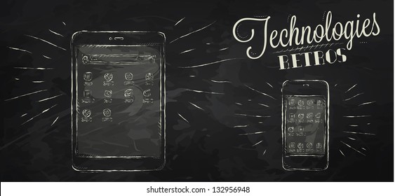 Icons on modern technology mobile tablet device in vintage style drawing with chalk on black background.