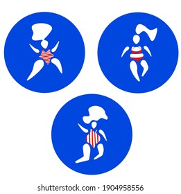 icons on a round blue background. body positive girls and women swimmers