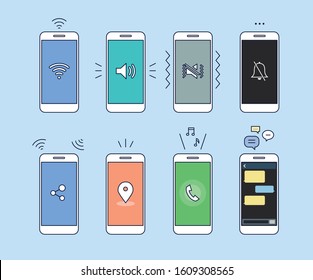 Icons on the smartphone screen. hand drawn style vector design illustrations. 