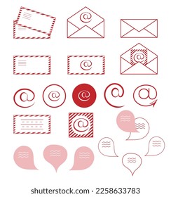 Icons on the subject of communication - letter, envelope, mail, email, messages in red.