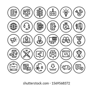 Icons on the subject of computer technology, communication and marketing. Vector. Set of icons for website design and landing. Signs and emblems of corporate identity. Contour style. 