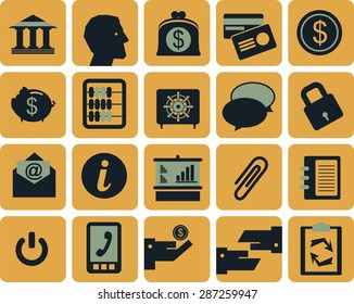 Icons on the theme of the bank and banking arranged in a square with rounded corners into a flat style