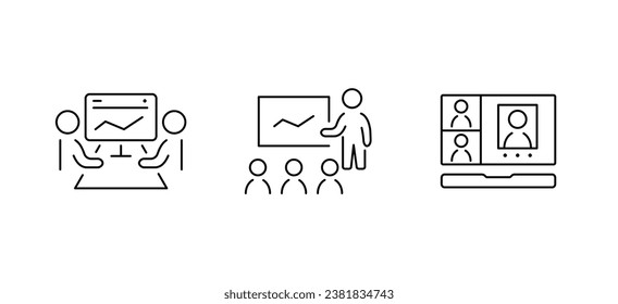 Iconos sobre el tema de la conferencia. Iconos simples aislados en un fondo blanco. Los iconos incluyen diferentes opciones de conferencias. Ilustración vectorial.
