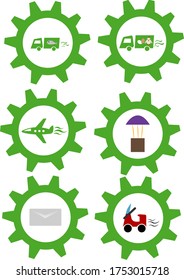 Iconos sobre el tema del avión y la carta de los autocares. Símbolo del mecanismo de engranaje verde Objeto sobre fondo blanco