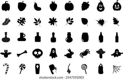 icons on the theme of Halloween in black hand-drawn style