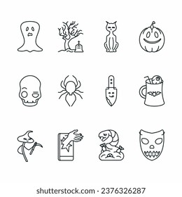 Icons on the theme Halloween. Icon related to candy, snake, skull, cat, ghost, tree, cemetery, grave, pumpkin, knife, spider, cup, eye, cocktail, mask, hand, telephone, zombie hand, mushroom, scythe