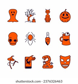 Iconos sobre el tema Halloween. Icono relacionado con caramelos, serpiente, cráneo, gato, fantasma, árbol, cementerio, tumba, calabaza, cuchillo, araña, taza, ojo, cóctel, máscara, mano, teléfono, mano zombie, seta, guadar