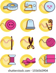 Icons on the theme of handmade with the image of various items of needlework.