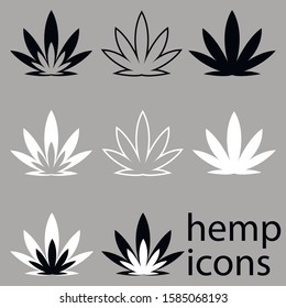 icons on the theme of marijuana use. jar with hemp leaf, bong, grinder, hemp plant leaf. Icons for design and website creation