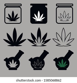 icons on the theme of marijuana use. jar with hemp leaf, bong, grinder, hemp plant leaf. Icons for design and website creation
