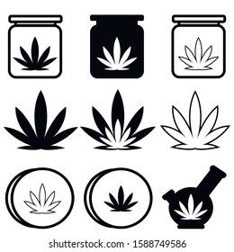 icons on the theme of marijuana use. jar with hemp leaf, bong, grinder, hemp plant leaf. Icons for design and website creation