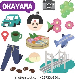 Icons on the theme of Okayama prefecture in Japan